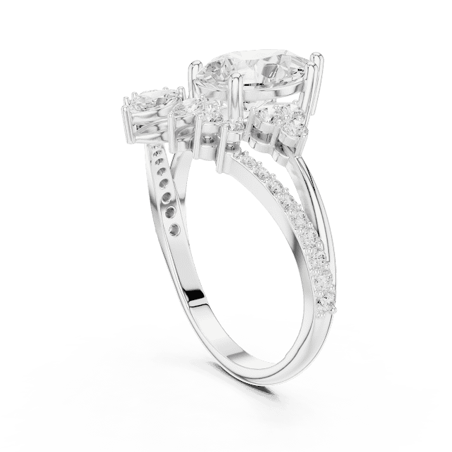 Three-stone diamond engagement ring featuring a brilliant round center stone, sparkling side stones, and a pavé-set band by Orova Jewels.