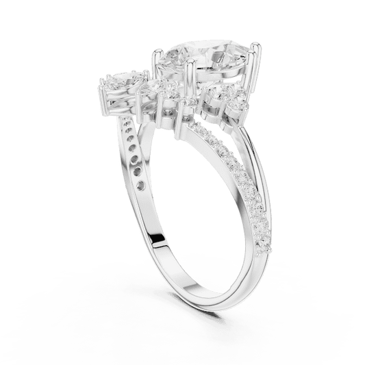 Three-stone diamond engagement ring featuring a brilliant round center stone, sparkling side stones, and a pavé-set band by Orova Jewels.