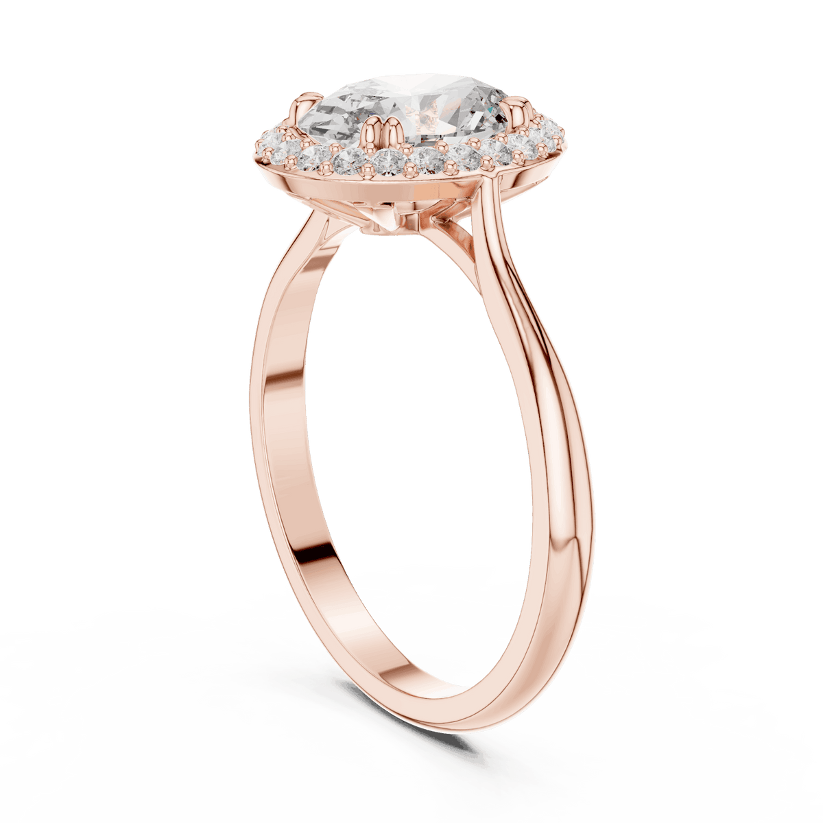 Classic halo diamond engagement ring featuring a brilliant round-cut center stone surrounded by a sparkling halo in a sleek cathedral-style setting by Orova Jewels.