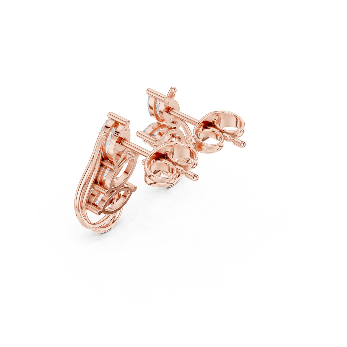 Marquise diamond leaf stud earrings featuring a nature-inspired design with sparkling marquise and round stones and secure push-back closures by Orova Jewels.
