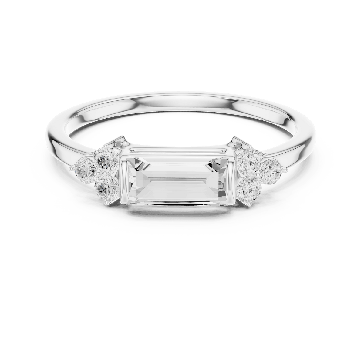 Emerald Cut Diamond Three-Stone Engagement Ring featuring an emerald-cut center stone with round diamond side accents on a polished band by Orova Jewels.