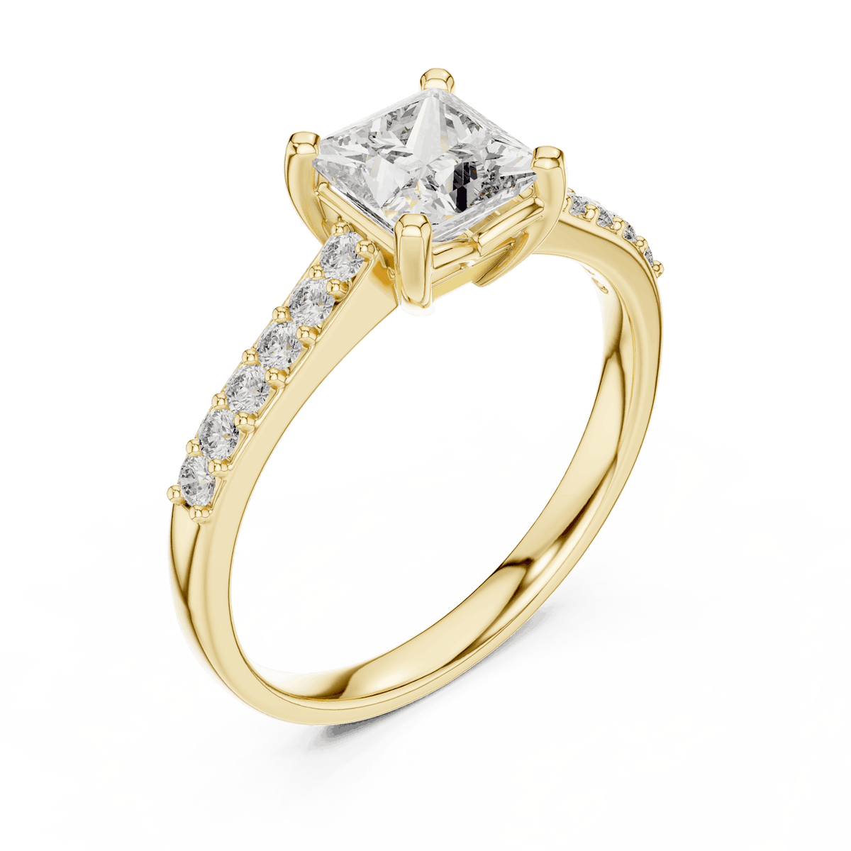 Classic pavé solitaire diamond engagement ring featuring a round-cut center stone in a four-prong setting with a sparkling pavé diamond band by Orova Jewels.
