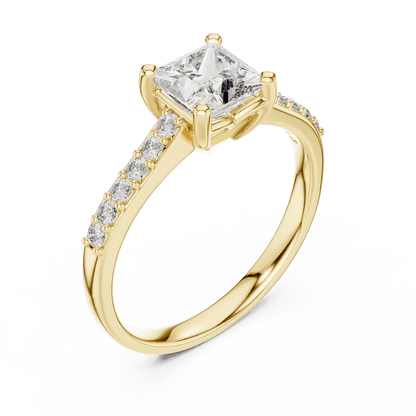 Classic pavé solitaire diamond engagement ring featuring a round-cut center stone in a four-prong setting with a sparkling pavé diamond band by Orova Jewels.