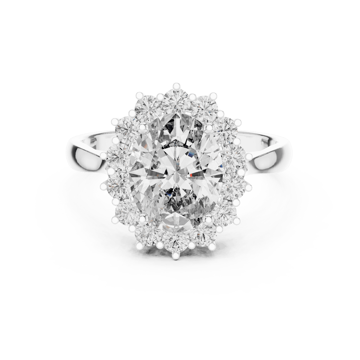 Floral halo solitaire diamond engagement ring featuring a brilliant round-cut center stone surrounded by a sparkling halo in an elegant cathedral-style setting by Orova Jewels.