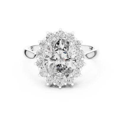 Floral halo solitaire diamond engagement ring featuring a brilliant round-cut center stone surrounded by a sparkling halo in an elegant cathedral-style setting by Orova Jewels.