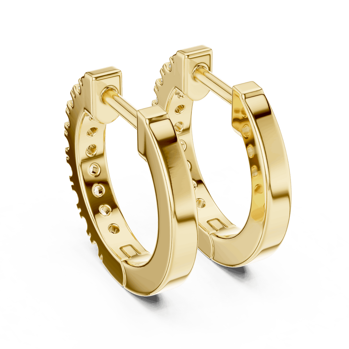 Diamond huggie hoop earrings featuring a row of sparkling round stones with a secure hinged closure by Orova Jewels.