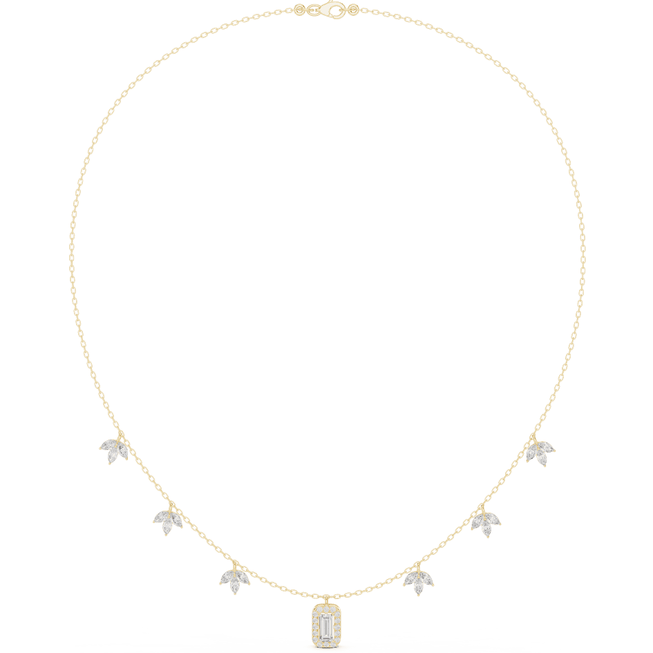 Emerald-cut diamond charm necklace featuring a delicate chain with sparkling station accents and a modern centerpiece by Orova Jewels.