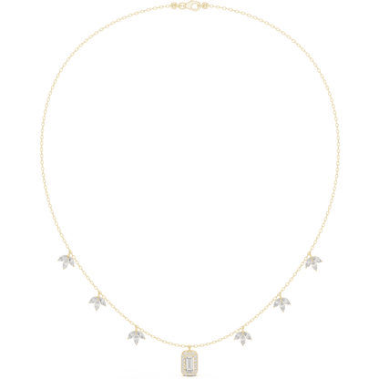 Emerald-cut diamond charm necklace featuring a delicate chain with sparkling station accents and a modern centerpiece by Orova Jewels.