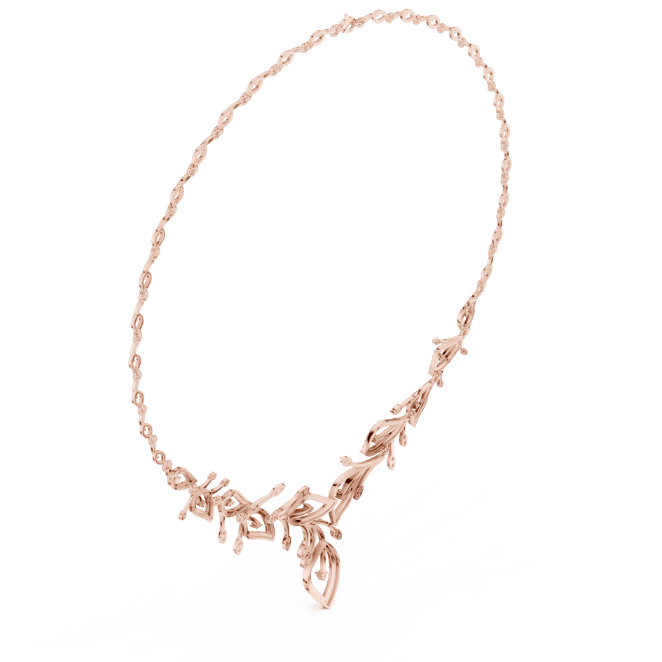 Nature-inspired yellow gold leaf necklace with an elegant vine design and sparkling stone accents by Orova Jewels.