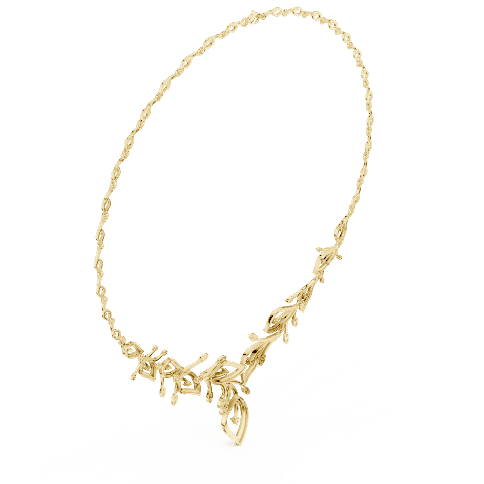 Nature-inspired yellow gold leaf necklace with an elegant vine design and sparkling stone accents by Orova Jewels.