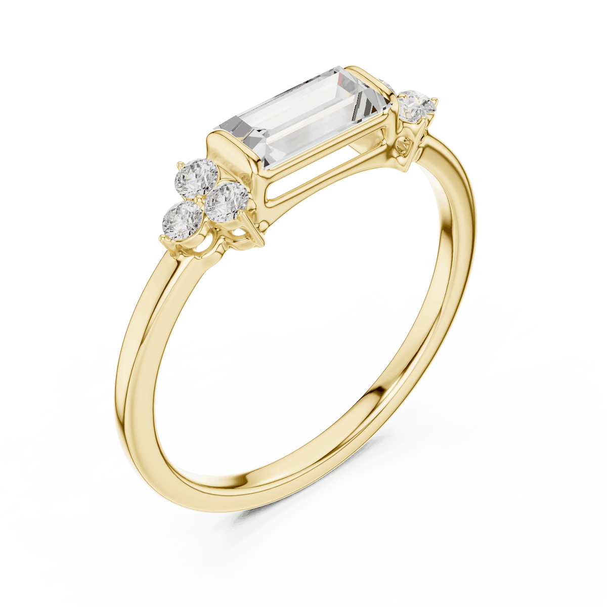 Emerald Cut Diamond Three-Stone Engagement Ring featuring an emerald-cut center stone with round diamond side accents on a polished band by Orova Jewels.