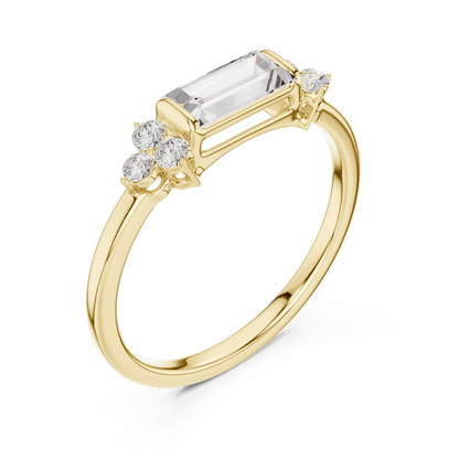Emerald Cut Diamond Three-Stone Engagement Ring featuring an emerald-cut center stone with round diamond side accents on a polished band by Orova Jewels.
