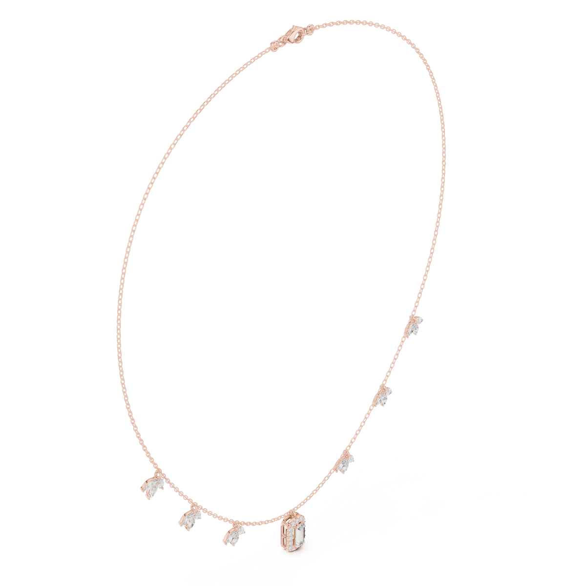 Emerald-cut diamond charm necklace featuring a delicate chain with sparkling station accents and a modern centerpiece by Orova Jewels.