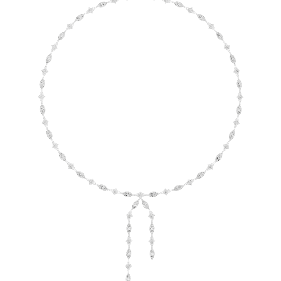Marquise Diamond Bow Drop Necklace featuring alternating marquise-shaped links, a bow-inspired centerpiece, and elegant cascading drop accents by Orova Jewels.
