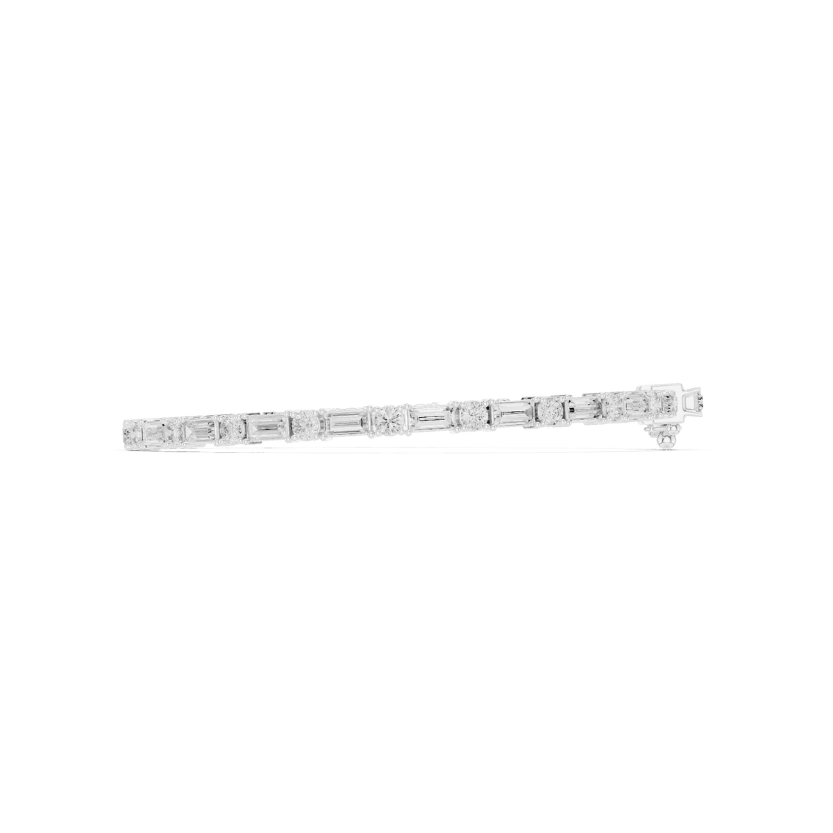 Baguette and round diamond tennis bracelet featuring alternating brilliant-cut stones with a secure box clasp by Orova Jewels.
