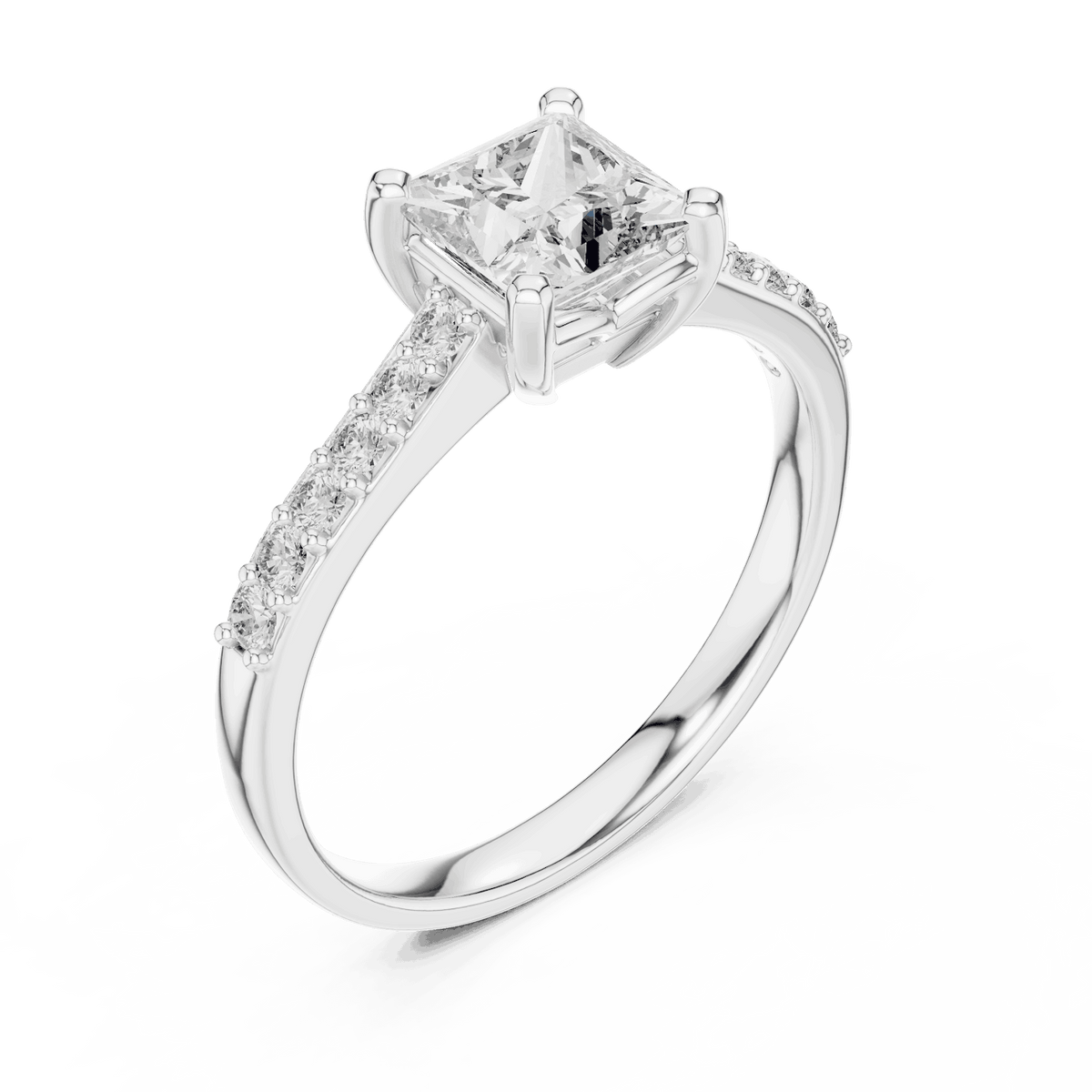 Classic pavé solitaire diamond engagement ring featuring a round-cut center stone in a four-prong setting with a sparkling pavé diamond band by Orova Jewels.