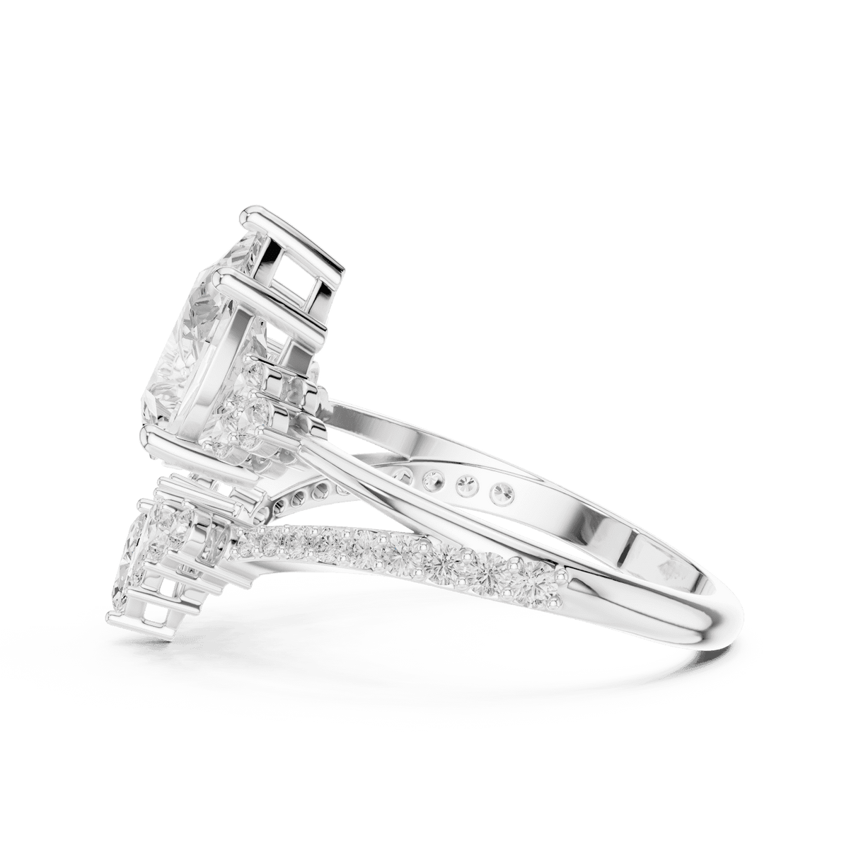 Three-stone diamond engagement ring featuring a brilliant round center stone, sparkling side stones, and a pavé-set band by Orova Jewels.