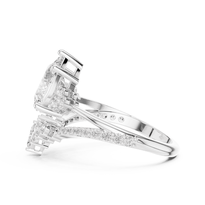 Three-stone diamond engagement ring featuring a brilliant round center stone, sparkling side stones, and a pavé-set band by Orova Jewels.