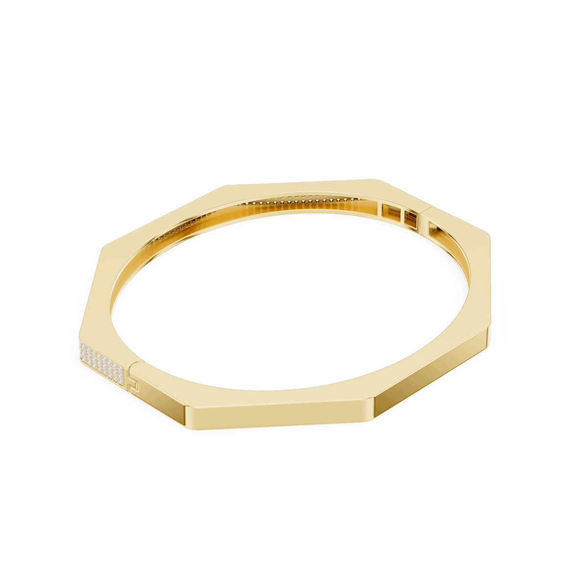 Geometric diamond bangle bracelet featuring a sleek octagonal design with a pavé-set diamond accent panel and polished finish by Orova Jewels.