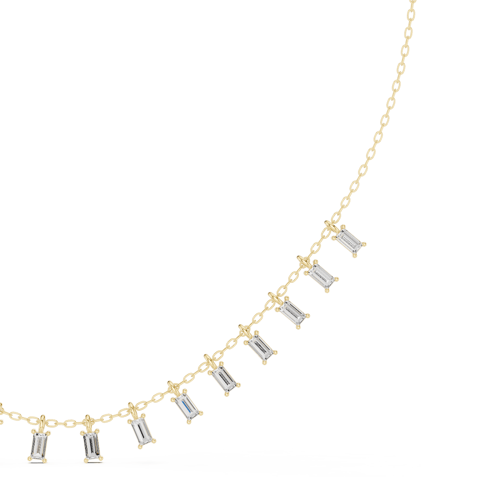 Baguette diamond fringe necklace featuring elegant geometric stone drops on a delicate chain by Orova Jewels.