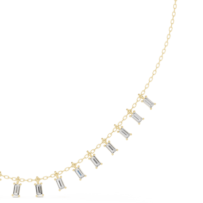 Baguette diamond fringe necklace featuring elegant geometric stone drops on a delicate chain by Orova Jewels.