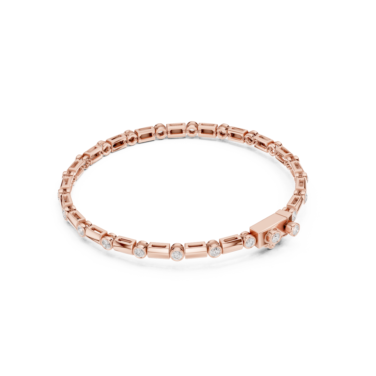 Bezel and baguette diamond tennis bracelet featuring alternating round bezel-set stones and polished baguette links by Orova Jewels.