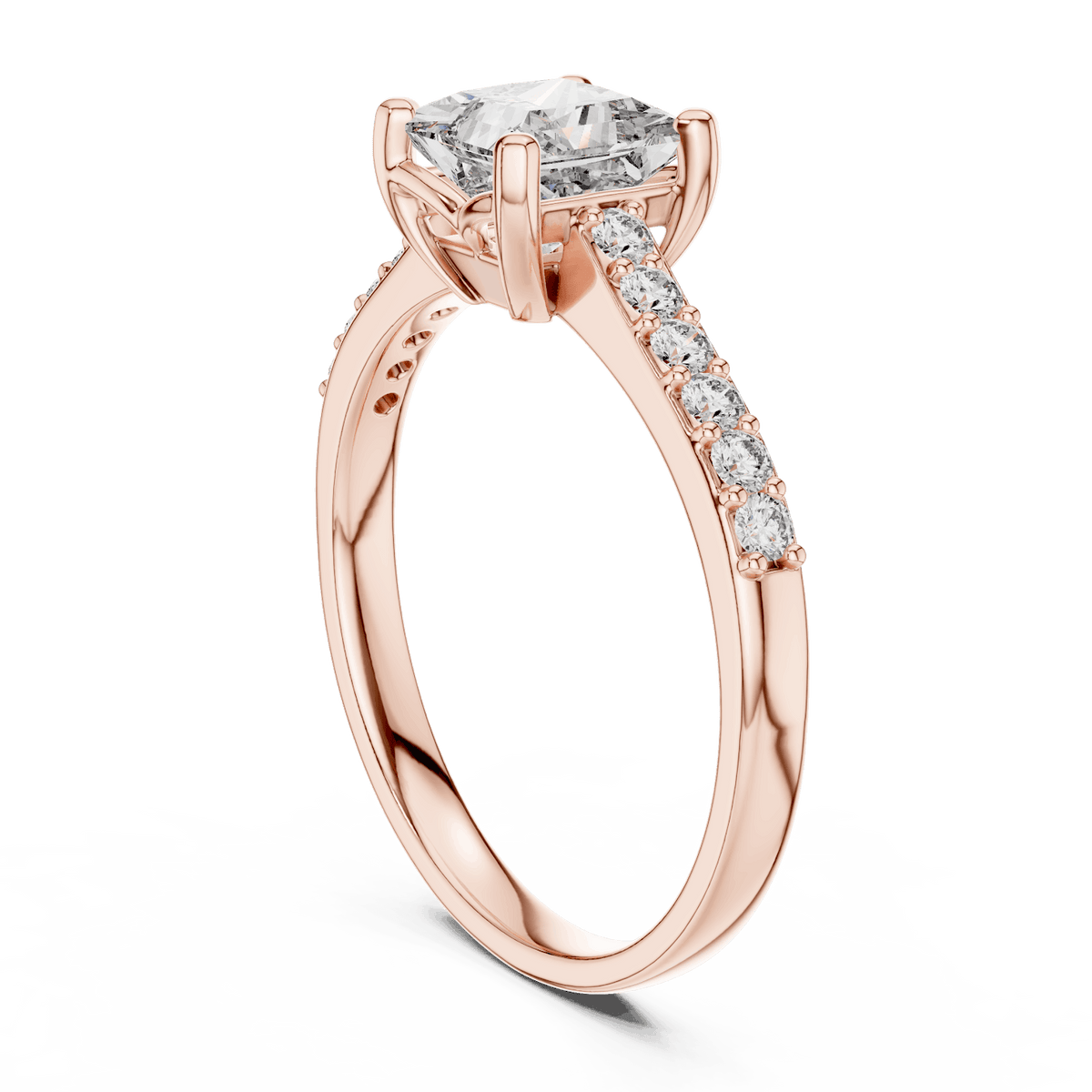 Classic pavé solitaire diamond engagement ring featuring a round-cut center stone in a four-prong setting with a sparkling pavé diamond band by Orova Jewels.