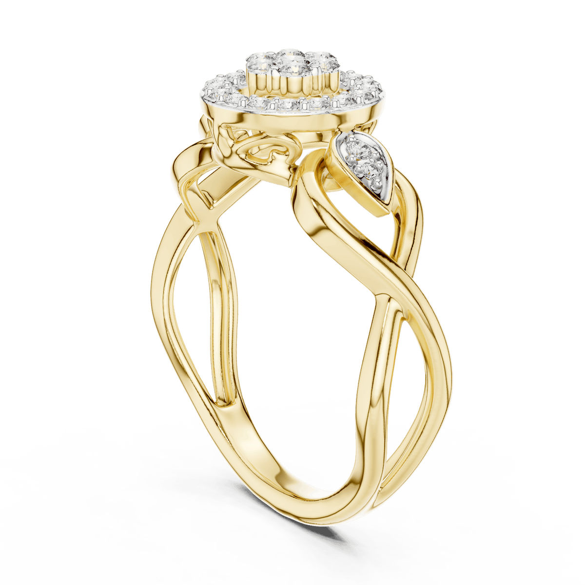 Floral halo diamond twist ring featuring a sparkling flower-inspired cluster center, halo setting, and elegant split-shank band by Orova Jewels.