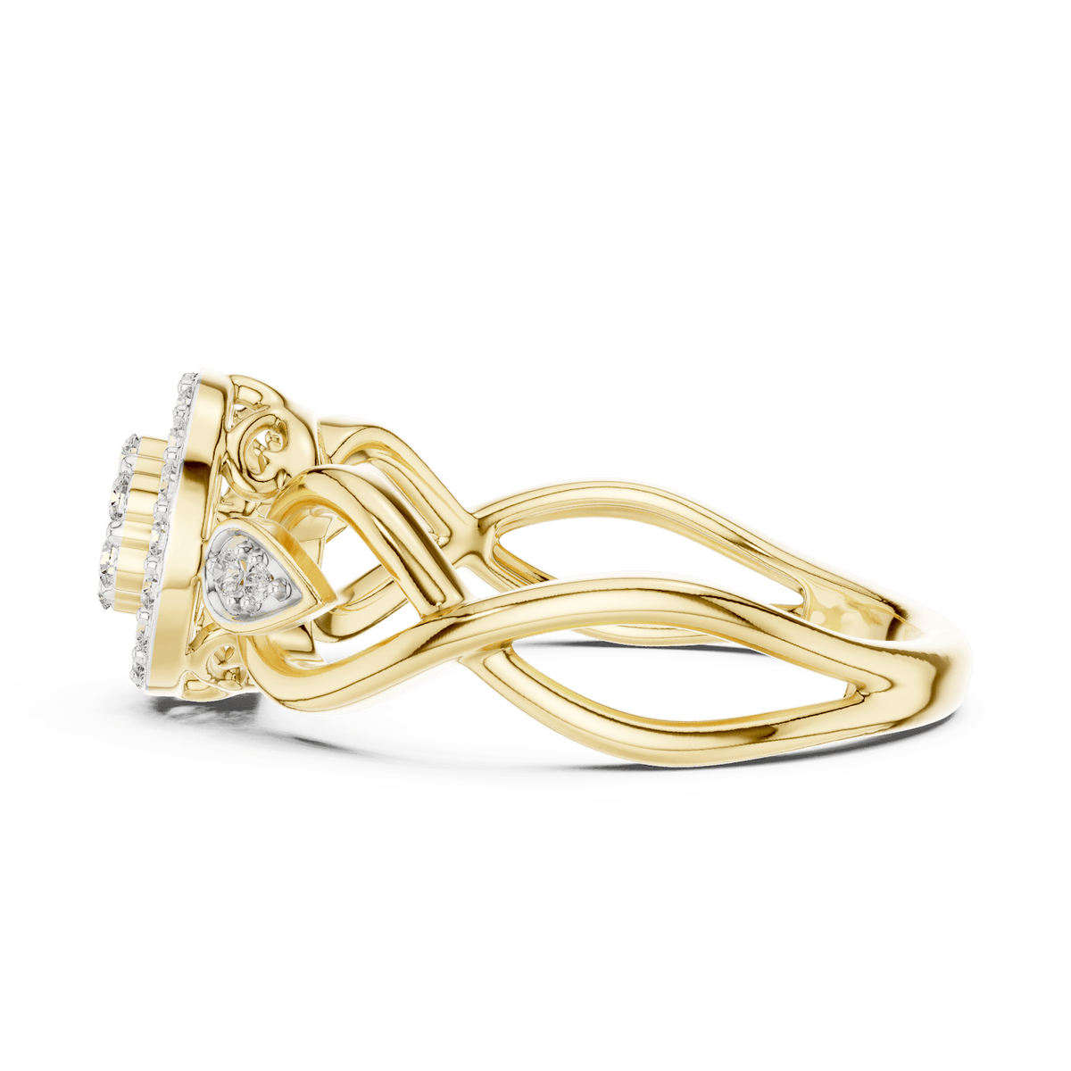 Floral halo diamond twist ring featuring a sparkling flower-inspired cluster center, halo setting, and elegant split-shank band by Orova Jewels.