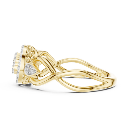 Floral halo diamond twist ring featuring a sparkling flower-inspired cluster center, halo setting, and elegant split-shank band by Orova Jewels.