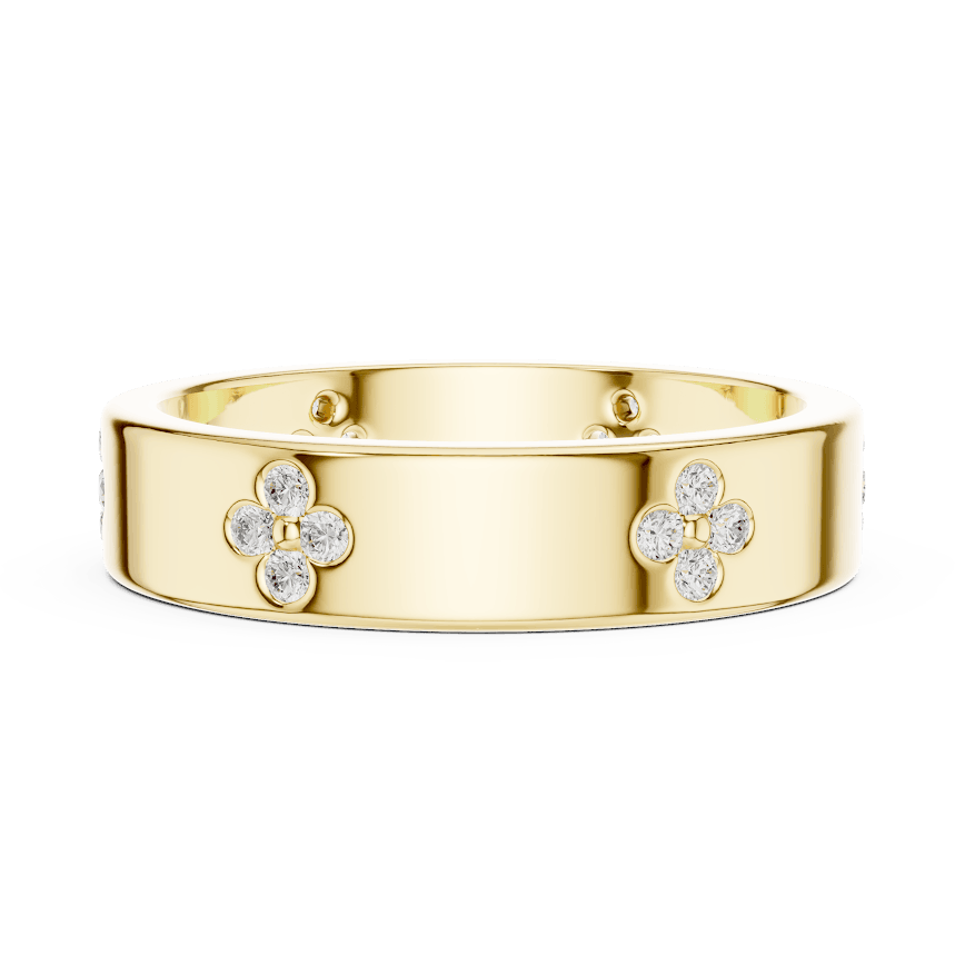 Floral Diamond Comfort Fit Wedding Band featuring delicate round diamond flower clusters on a wide polished band by Orova Jewels.