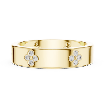 Floral Diamond Comfort Fit Wedding Band featuring delicate round diamond flower clusters on a wide polished band by Orova Jewels.