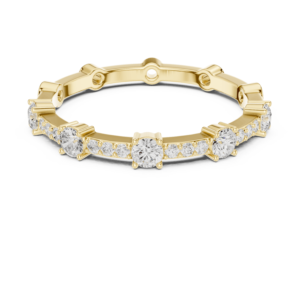Shared Prong Diamond Eternity Band featuring brilliant round diamonds in a polished half eternity shared-prong setting by Orova Jewels.