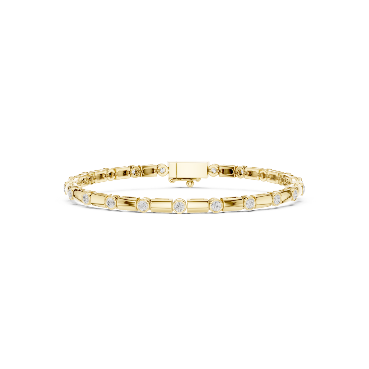 Bezel and baguette diamond tennis bracelet featuring alternating round bezel-set stones and polished baguette links by Orova Jewels.