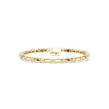 Bezel and baguette diamond tennis bracelet featuring alternating round bezel-set stones and polished baguette links by Orova Jewels.