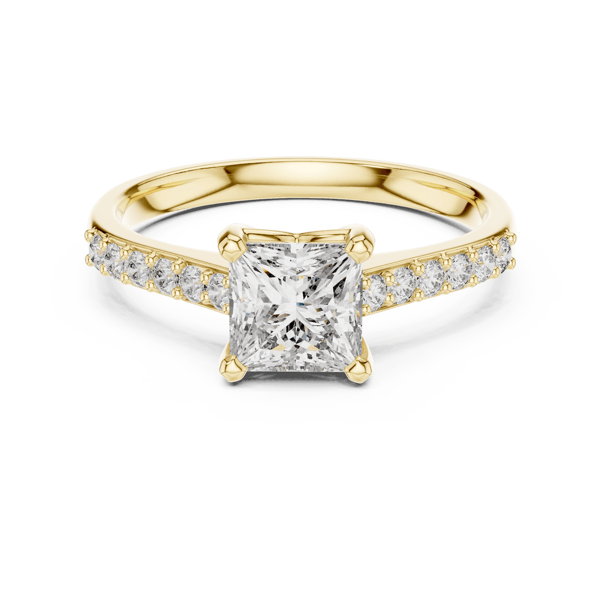 Classic pavé solitaire diamond engagement ring featuring a round-cut center stone in a four-prong setting with a sparkling pavé diamond band by Orova Jewels.