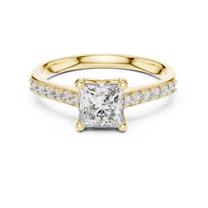 Classic pavé solitaire diamond engagement ring featuring a round-cut center stone in a four-prong setting with a sparkling pavé diamond band by Orova Jewels.
