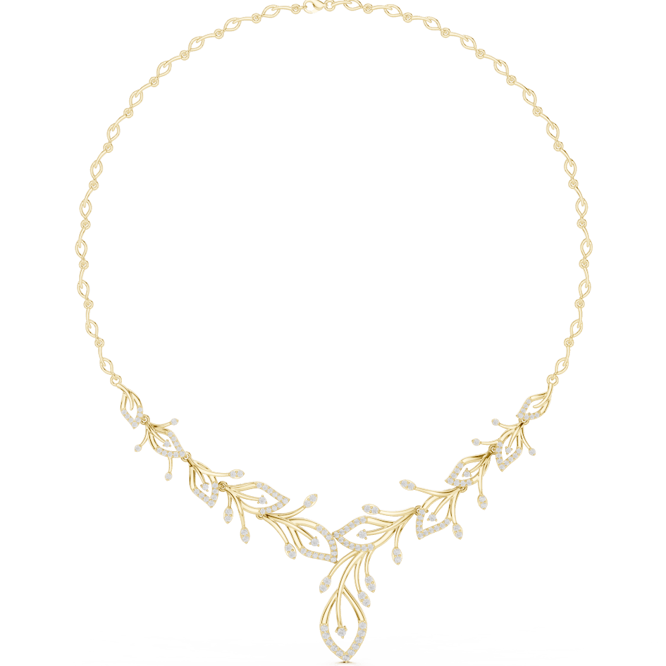 Nature-inspired yellow gold leaf necklace with an elegant vine design and sparkling stone accents by Orova Jewels.