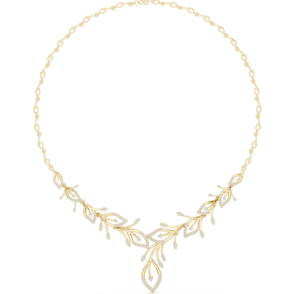 Nature-inspired yellow gold leaf necklace with an elegant vine design and sparkling stone accents by Orova Jewels.
