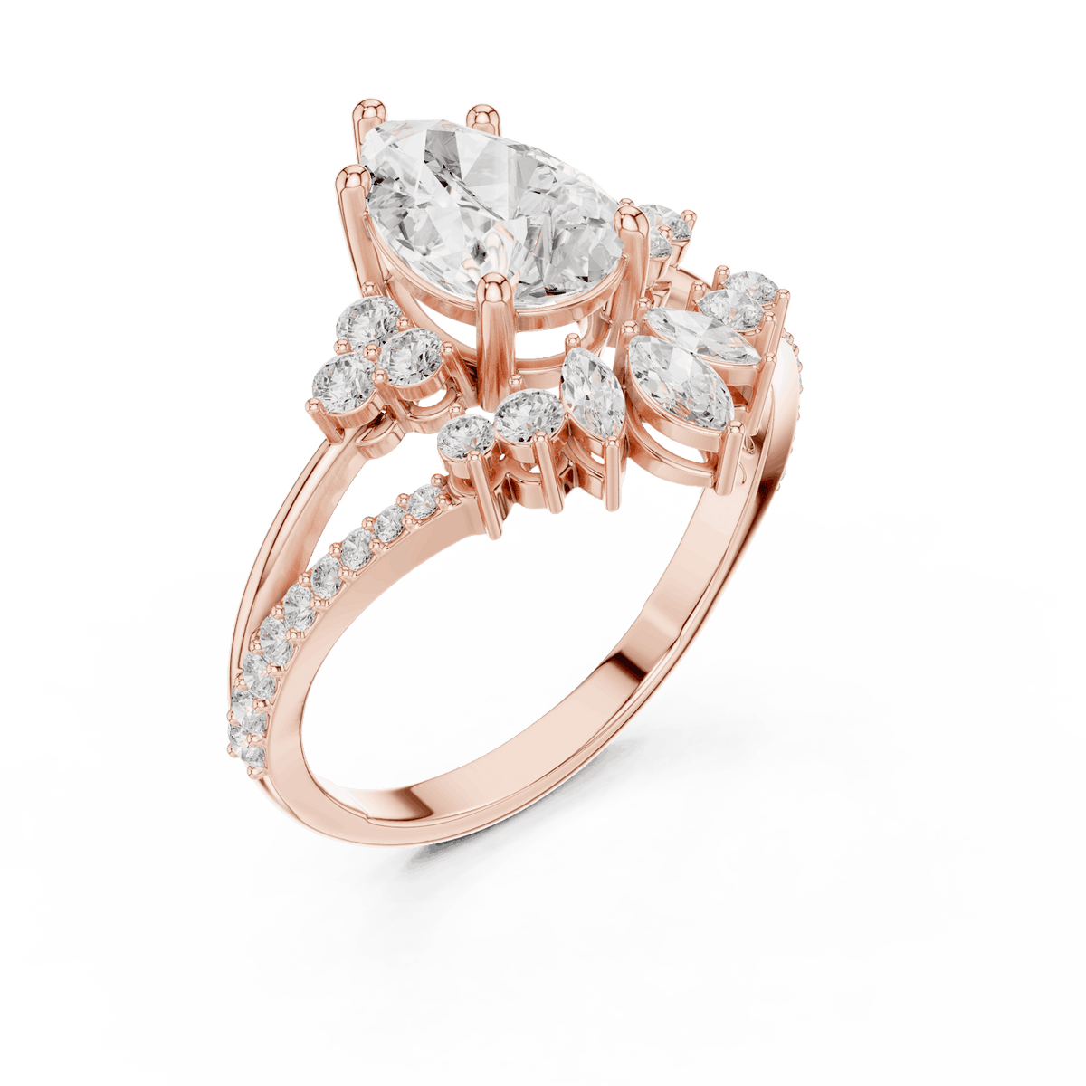 Three-stone diamond engagement ring featuring a brilliant round center stone, sparkling side stones, and a pavé-set band by Orova Jewels.