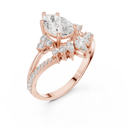 Three-stone diamond engagement ring featuring a brilliant round center stone, sparkling side stones, and a pavé-set band by Orova Jewels.