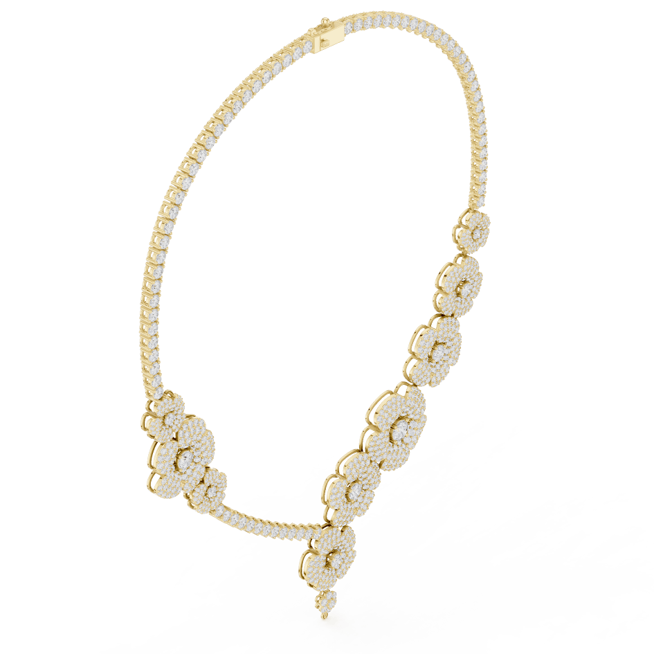 Floral diamond statement necklace featuring sparkling flower motifs and an elegant drop centerpiece by Orova Jewels.
