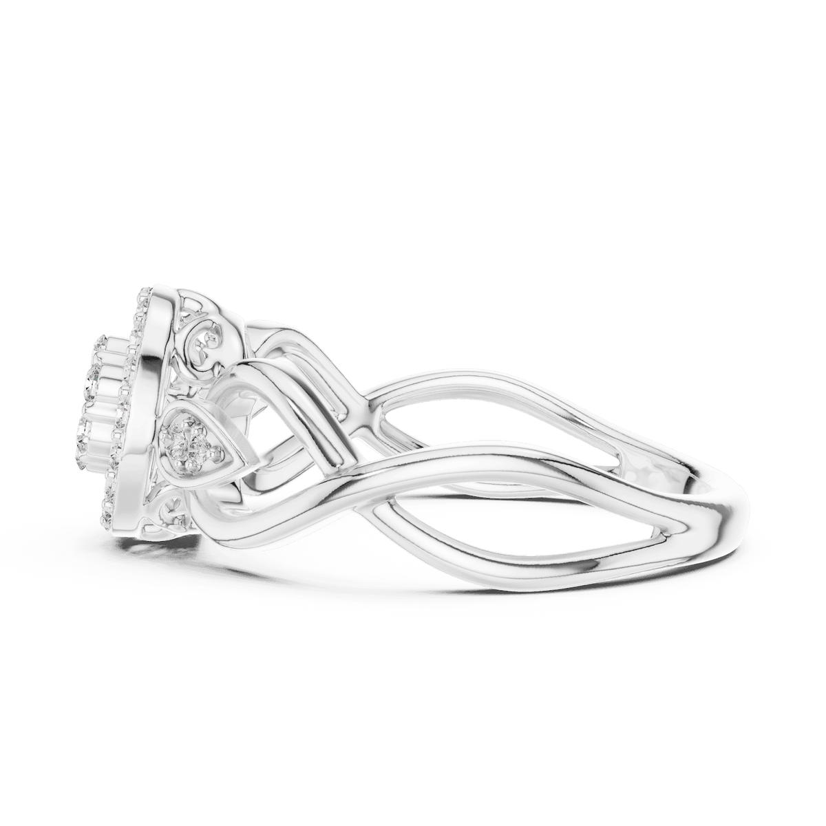 Floral halo diamond twist ring featuring a sparkling flower-inspired cluster center, halo setting, and elegant split-shank band by Orova Jewels.