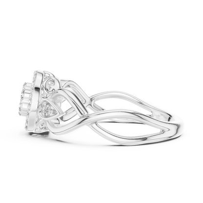 Floral halo diamond twist ring featuring a sparkling flower-inspired cluster center, halo setting, and elegant split-shank band by Orova Jewels.