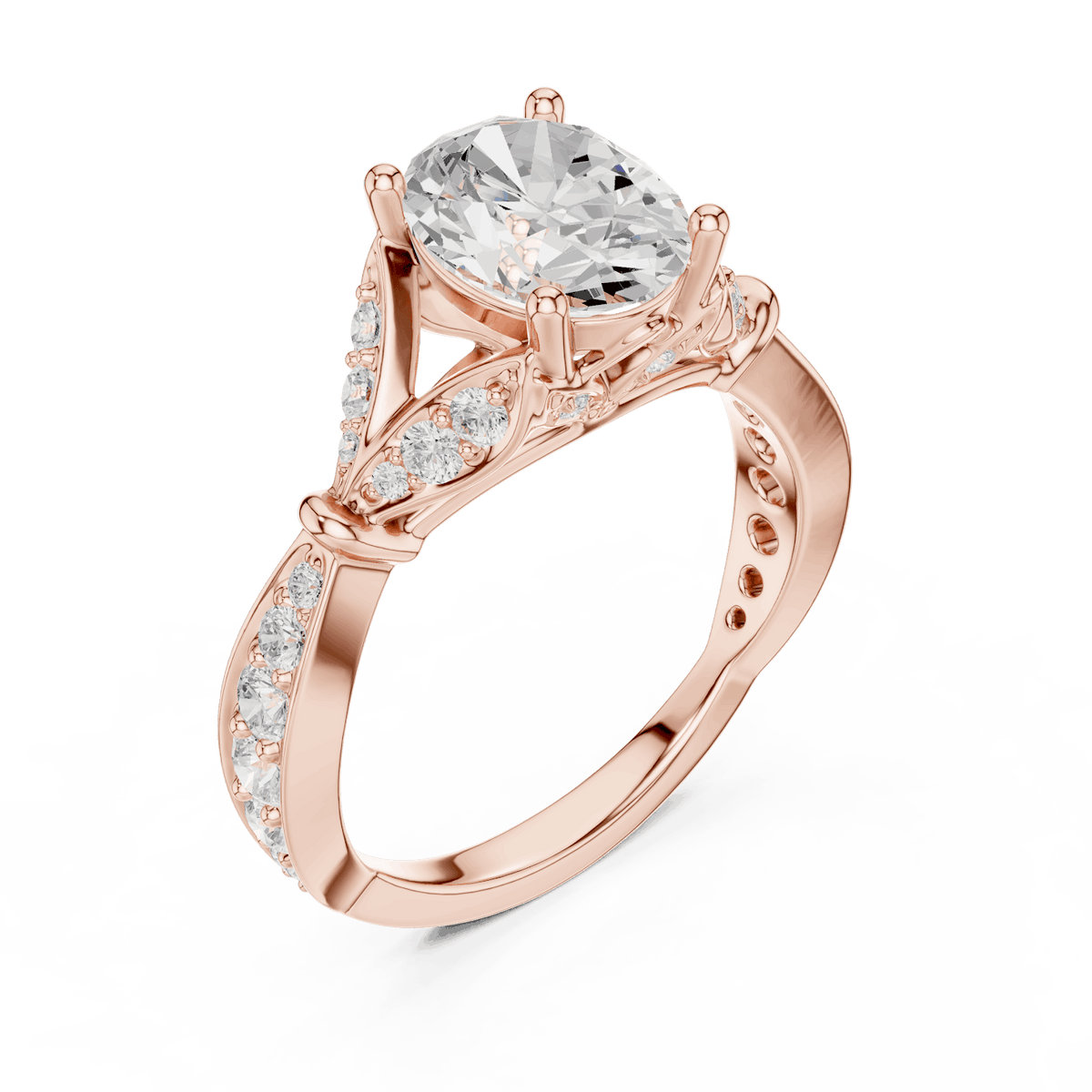 Vintage Leaf Solitaire Diamond Engagement Ring featuring a round brilliant center stone, marquise leaf motifs, and pavé diamond accents on a polished band by Orova Jewels.