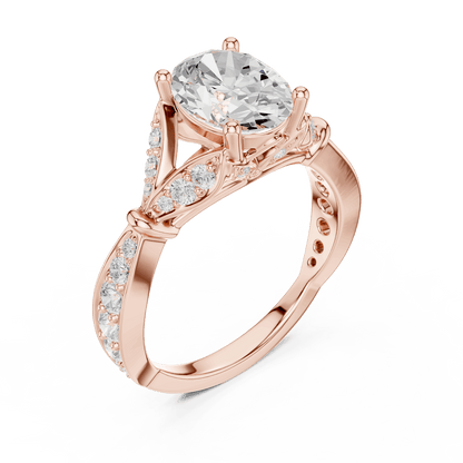 Vintage Leaf Solitaire Diamond Engagement Ring featuring a round brilliant center stone, marquise leaf motifs, and pavé diamond accents on a polished band by Orova Jewels.