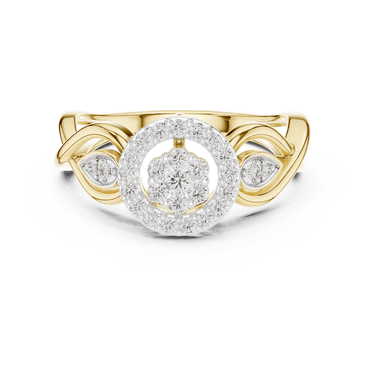 Floral halo diamond twist ring featuring a sparkling flower-inspired cluster center, halo setting, and elegant split-shank band by Orova Jewels.