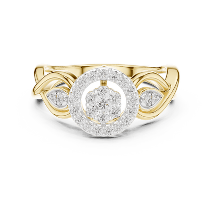 Floral halo diamond twist ring featuring a sparkling flower-inspired cluster center, halo setting, and elegant split-shank band by Orova Jewels.