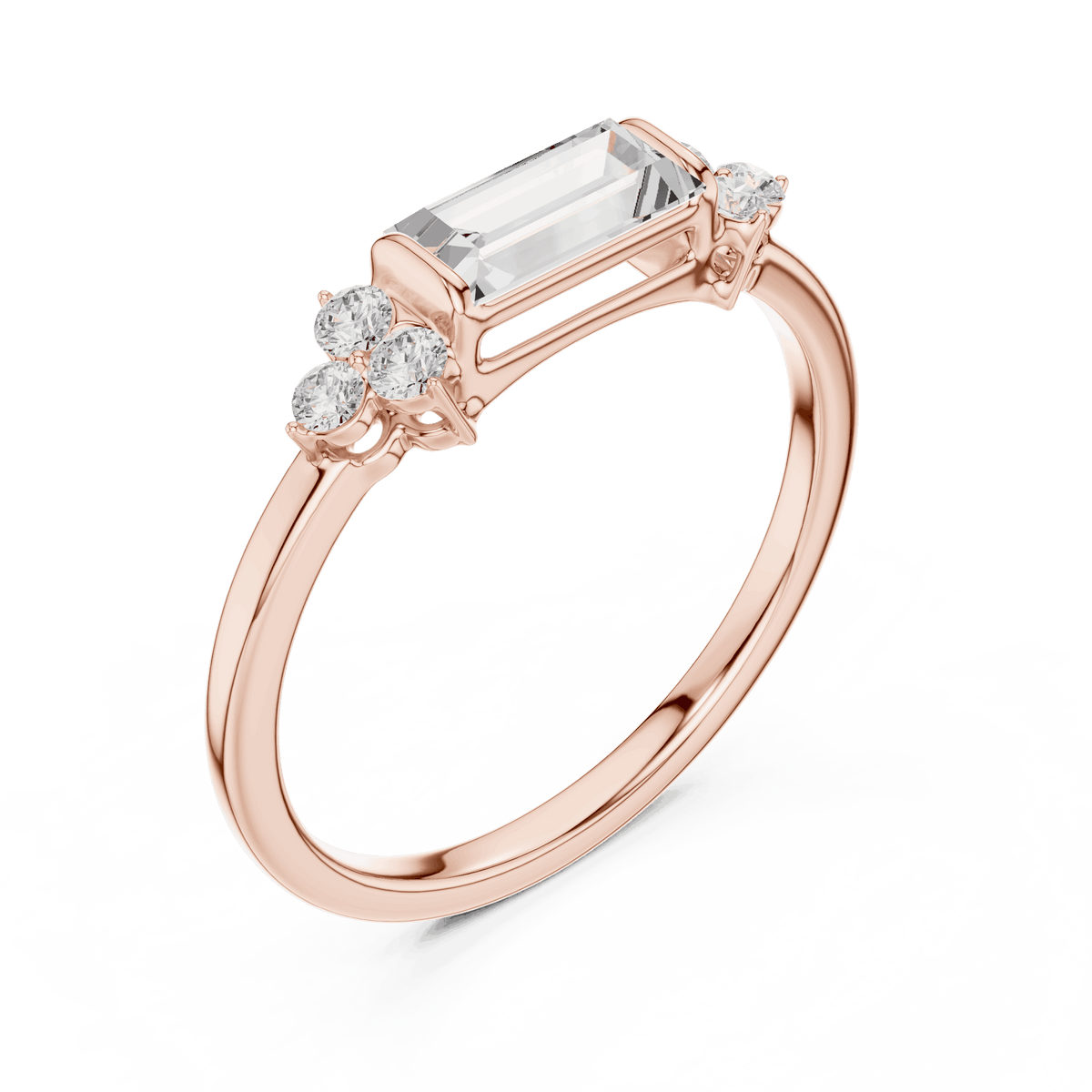 Emerald Cut Diamond Three-Stone Engagement Ring featuring an emerald-cut center stone with round diamond side accents on a polished band by Orova Jewels.