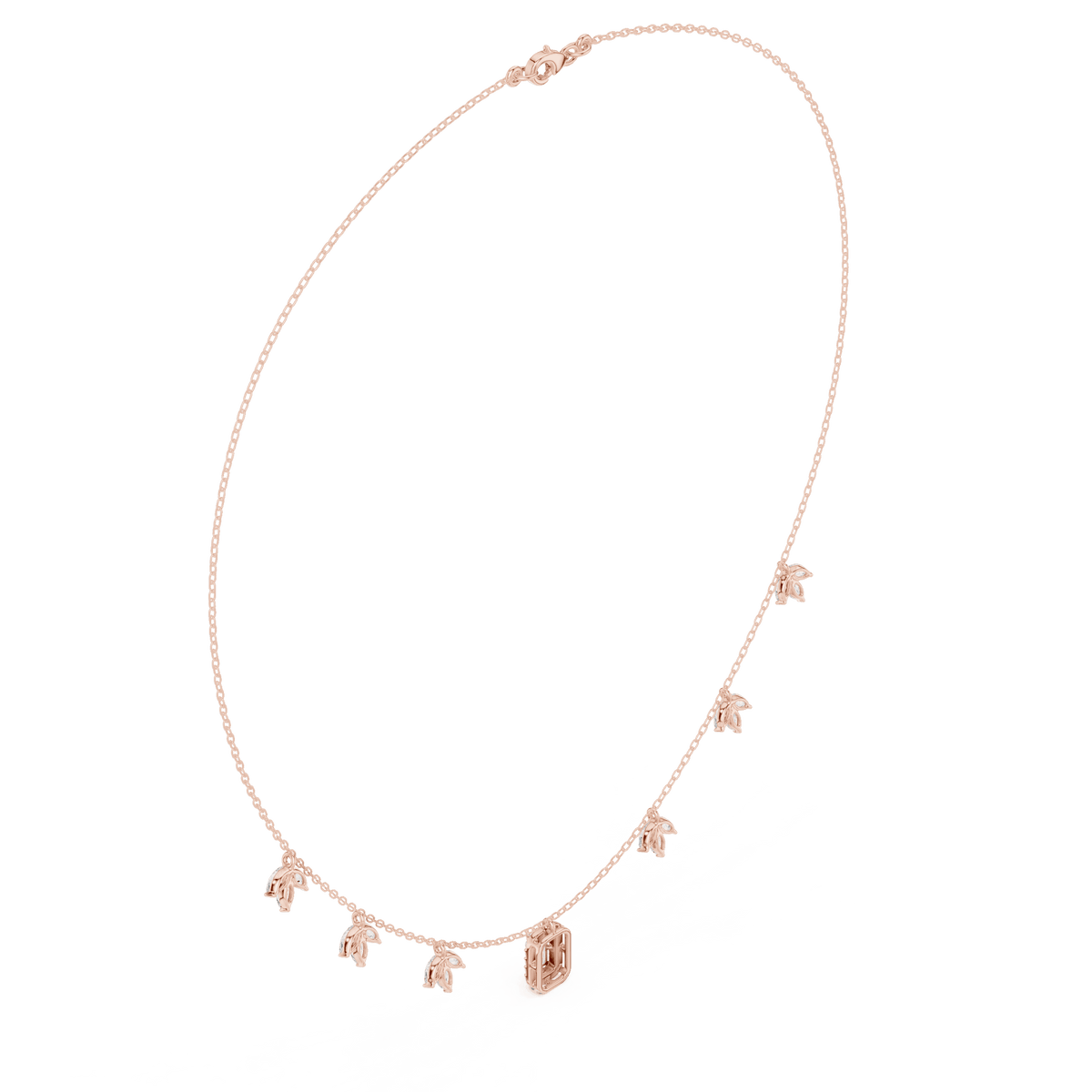 Emerald-cut diamond charm necklace featuring a delicate chain with sparkling station accents and a modern centerpiece by Orova Jewels.